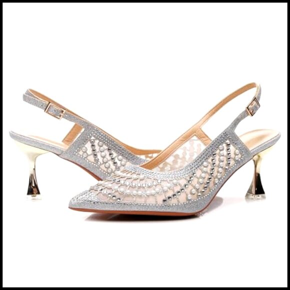 Silver Metallic Leather Slingback Kitten Heel | ALLY Shoes  Chic Slingback Pumps Elegant Retro Dress Shoes Metal Ornament Comfort Heels